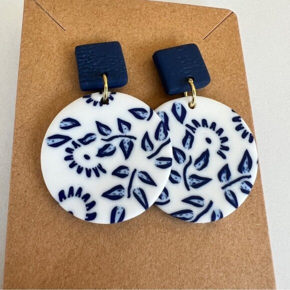 Navy and White Floral Earrings - Picture 1 of 3